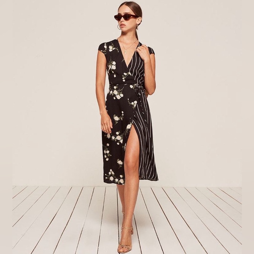 Reformation Black Sabrina Floral Striped Wrap Dress XS - Picture 3 of 10